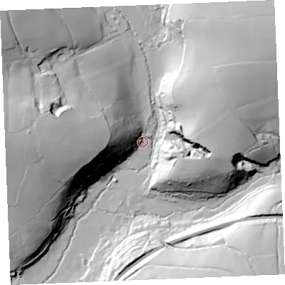 Shaded relief map of the ground around PL267LL, computed from Environment Agency LiDAR. The ground here sits at about 49 m above sea level and falls 58 m across the surrounding 800 m. Surface water reaching this point runs off ground lying to the west, 46.9 m higher.