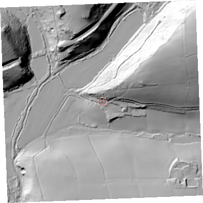 Shaded relief map of the ground around PL267LS, computed from Environment Agency LiDAR. The ground here sits at about 43 m above sea level and falls 69 m across the surrounding 800 m. Surface water reaching this point runs off ground lying to the north-east, 17.7 m higher.