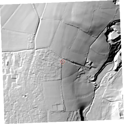 Shaded relief map of the ground around PL267QD, computed from Environment Agency LiDAR. The ground here sits at about 108 m above sea level and falls 83 m across the surrounding 800 m. Surface water reaching this point runs off ground lying to the north, 16.5 m higher.