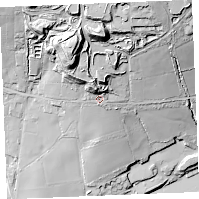 Shaded relief map of the ground around PL267TE, computed from Environment Agency LiDAR. The ground here sits at about 143 m above sea level and falls 83 m across the surrounding 800 m. Surface water reaching this point runs off ground lying to the north-north-west, 16.4 m higher.
