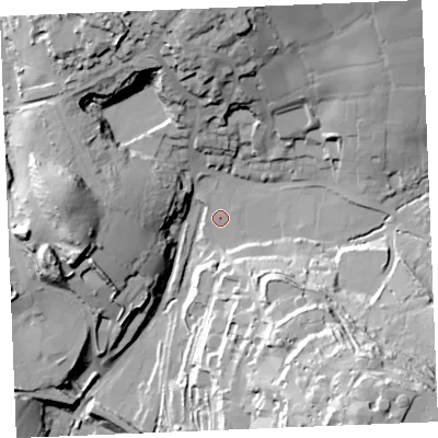 Shaded relief map of the ground around PL267XY, computed from Environment Agency LiDAR. The ground here sits at about 164 m above sea level and falls 52 m across the surrounding 800 m. Surface water reaching this point runs off ground lying to the south-east, 43.3 m higher.