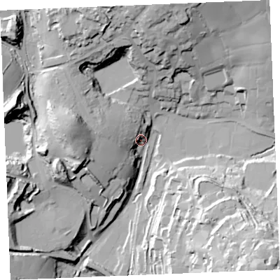 Shaded relief map of the ground around PL267YG, computed from Environment Agency LiDAR. The ground here sits at about 168 m above sea level and falls 52 m across the surrounding 800 m. Surface water reaching this point runs off ground lying to the west-north-west, 19.7 m higher.