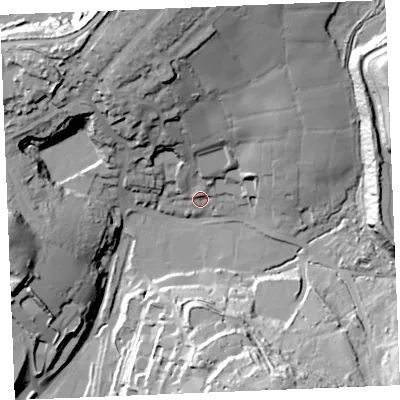 Shaded relief map of the ground around PL267YH, computed from Environment Agency LiDAR. The ground here sits at about 168 m above sea level and falls 46 m across the surrounding 800 m. Surface water reaching this point runs off ground lying to the north-north-west, 24.7 m higher.