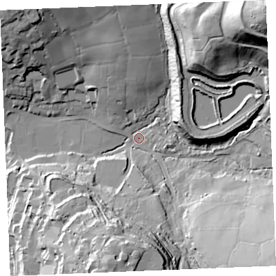 Shaded relief map of the ground around PL267YJ, computed from Environment Agency LiDAR. The ground here sits at about 168 m above sea level and falls 71 m across the surrounding 800 m. Surface water reaching this point runs off ground lying to the north-east, 53.4 m higher.