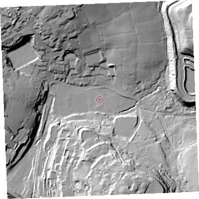 Shaded relief map of the ground around PL267ZD, computed from Environment Agency LiDAR. The ground here sits at about 165 m above sea level and falls 51 m across the surrounding 800 m. Surface water reaching this point runs off ground lying to the east-north-east, 2.8 m higher.