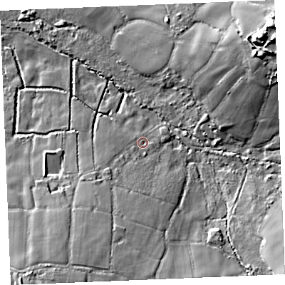 Shaded relief map of the ground around PL268EF, computed from Environment Agency LiDAR. The ground here sits at about 120 m above sea level and falls 36 m across the surrounding 800 m. Surface water reaching this point runs off ground lying to the south-south-west, 21.8 m higher.