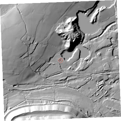 Shaded relief map of the ground around PL268LB, computed from Environment Agency LiDAR. The ground here sits at about 136 m above sea level and falls 67 m across the surrounding 800 m. Surface water reaching this point runs off ground lying to the west-south-west, 4.5 m higher.