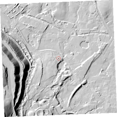 Shaded relief map of the ground around PL268PP, computed from Environment Agency LiDAR. The ground here sits at about 142 m above sea level and falls 95 m across the surrounding 800 m. Surface water reaching this point runs off ground lying to the south-south-west, 47.0 m higher.