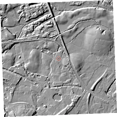 Shaded relief map of the ground around PL268QH, computed from Environment Agency LiDAR. The ground here sits at about 132 m above sea level and falls 28 m across the surrounding 800 m. Surface water reaching this point runs off ground lying to the south-south-west, 10.4 m higher.
