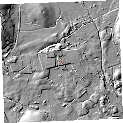 Shaded relief map of the ground around PL268QN, computed from Environment Agency LiDAR. The ground here sits at about 123 m above sea level and falls 17 m across the surrounding 800 m. Surface water reaching this point runs off ground lying to the north-west, 3.3 m higher.