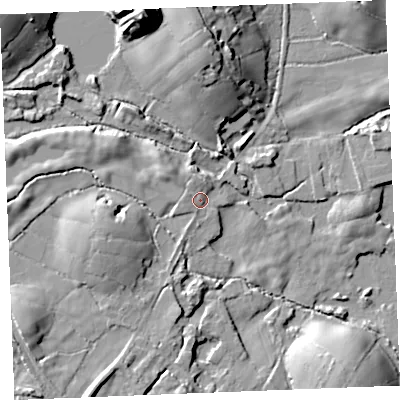 Shaded relief map of the ground around PL268QT, computed from Environment Agency LiDAR. The ground here sits at about 127 m above sea level and falls 30 m across the surrounding 800 m. Surface water reaching this point runs off ground lying to the south-south-west, 11.1 m higher.