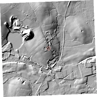 Shaded relief map of the ground around PL268QU, computed from Environment Agency LiDAR. The ground here sits at about 135 m above sea level and falls 31 m across the surrounding 800 m. Surface water reaching this point runs off ground lying to the north-west, 5.3 m higher.