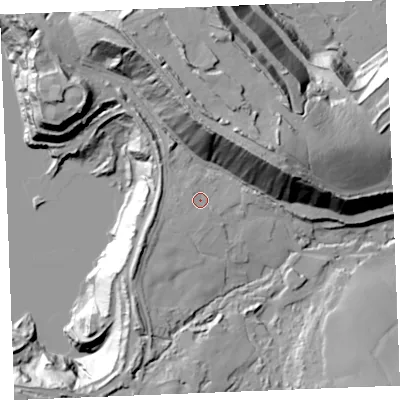 Shaded relief map of the ground around PL268RJ, computed from Environment Agency LiDAR. The ground here sits at about 143 m above sea level and falls 60 m across the surrounding 800 m. Surface water reaching this point runs off ground lying to the south-west, 10.3 m higher.