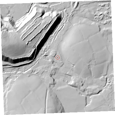 Shaded relief map of the ground around PL268RN, computed from Environment Agency LiDAR. The ground here sits at about 128 m above sea level and falls 58 m across the surrounding 800 m. Surface water reaching this point runs off ground lying to the west-north-west, 2.8 m higher.