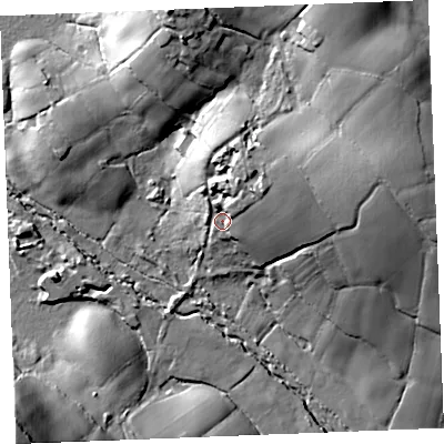 Shaded relief map of the ground around PL268RW, computed from Environment Agency LiDAR. The ground here sits at about 127 m above sea level and falls 35 m across the surrounding 800 m. Surface water reaching this point runs off ground lying to the north-east, 19.1 m higher.