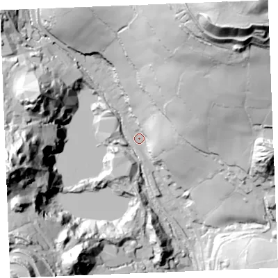 Shaded relief map of the ground around PL268XF, computed from Environment Agency LiDAR. The ground here sits at about 137 m above sea level and falls 131 m across the surrounding 800 m. Surface water reaching this point runs off ground lying to the north-east, 119.6 m higher.