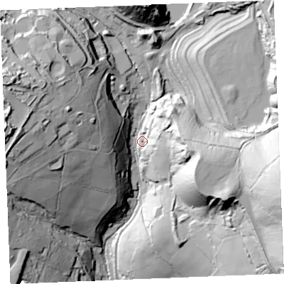 Shaded relief map of the ground around PL268XG, computed from Environment Agency LiDAR. The ground here sits at about 178 m above sea level and falls 97 m across the surrounding 800 m. Surface water reaching this point runs off ground lying to the east-south-east, 75.0 m higher.