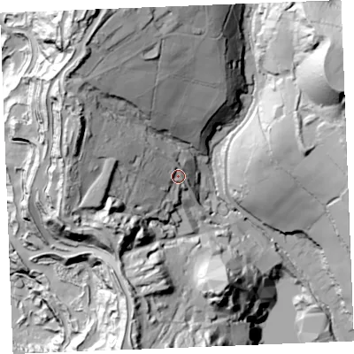 Shaded relief map of the ground around PL268XQ, computed from Environment Agency LiDAR. The ground here sits at about 171 m above sea level and falls 97 m across the surrounding 800 m. Surface water reaching this point runs off ground lying to the west-north-west, 30.6 m higher.