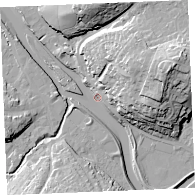 Shaded relief map of the ground around PL276AA, computed from Environment Agency LiDAR. The ground here sits at about 4 m above sea level and falls 43 m across the surrounding 800 m. Surface water reaching this point runs off ground lying to the east-north-east, 41.9 m higher.
