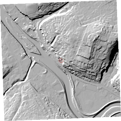 Shaded relief map of the ground around PL276AD, computed from Environment Agency LiDAR. The ground here sits at about 11 m above sea level and falls 43 m across the surrounding 800 m. Surface water reaching this point runs off ground lying to the east-north-east, 34.8 m higher.