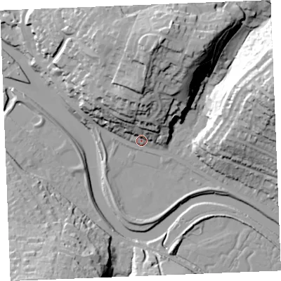 Shaded relief map of the ground around PL276AE, computed from Environment Agency LiDAR. The ground here sits at about 7 m above sea level and falls 47 m across the surrounding 800 m. Surface water reaching this point runs off ground lying to the north, 31.2 m higher.