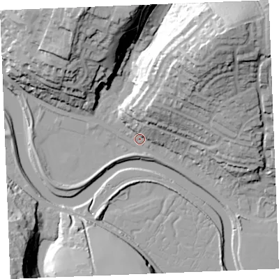 Shaded relief map of the ground around PL276AF, computed from Environment Agency LiDAR. The ground here sits at about 5 m above sea level and falls 53 m across the surrounding 800 m. Surface water reaching this point runs off ground lying to the north-east, 50.7 m higher.