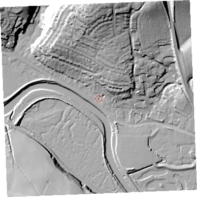 Shaded relief map of the ground around PL276AG, computed from Environment Agency LiDAR. The ground here sits at about 5 m above sea level and falls 50 m across the surrounding 800 m. Surface water reaching this point runs off ground lying to the north-north-east, 20.6 m higher.