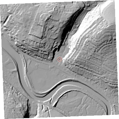 Shaded relief map of the ground around PL276AH, computed from Environment Agency LiDAR. The ground here sits at about 4 m above sea level and falls 53 m across the surrounding 800 m. Surface water reaching this point runs off ground lying to the east-north-east, 50.0 m higher.