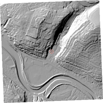 Shaded relief map of the ground around PL276AJ, computed from Environment Agency LiDAR. The ground here sits at about 5 m above sea level and falls 53 m across the surrounding 800 m. Surface water reaching this point runs off ground lying to the east-north-east, 50.0 m higher.
