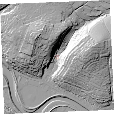 Shaded relief map of the ground around PL276AL, computed from Environment Agency LiDAR. The ground here sits at about 6 m above sea level and falls 53 m across the surrounding 800 m. Surface water reaching this point runs off ground lying to the east-north-east, 49.2 m higher.