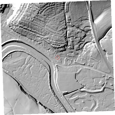 Shaded relief map of the ground around PL276AQ, computed from Environment Agency LiDAR. The ground here sits at about 5 m above sea level and falls 45 m across the surrounding 800 m. Surface water reaching this point runs off ground lying to the north, 19.7 m higher.