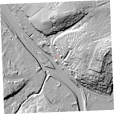 Shaded relief map of the ground around PL276BX, computed from Environment Agency LiDAR. The ground here sits at about 7 m above sea level and falls 43 m across the surrounding 800 m. Surface water reaching this point runs off ground lying to the east-north-east, 27.1 m higher.