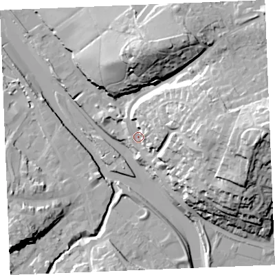 Shaded relief map of the ground around PL276DA, computed from Environment Agency LiDAR. The ground here sits at about 7 m above sea level and falls 43 m across the surrounding 800 m. Surface water reaching this point runs off ground lying to the east-north-east, 26.1 m higher.