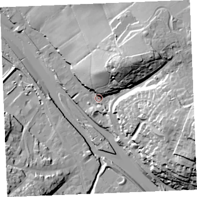 Shaded relief map of the ground around PL276DB, computed from Environment Agency LiDAR. The ground here sits at about 5 m above sea level and falls 40 m across the surrounding 800 m. Surface water reaching this point runs off ground lying to the north-east, 32.9 m higher.