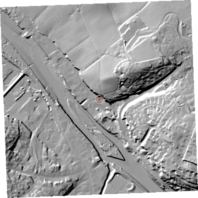 Shaded relief map of the ground around PL276DD, computed from Environment Agency LiDAR. The ground here sits at about 5 m above sea level and falls 37 m across the surrounding 800 m. Surface water reaching this point runs off ground lying to the east-north-east, 32.9 m higher.