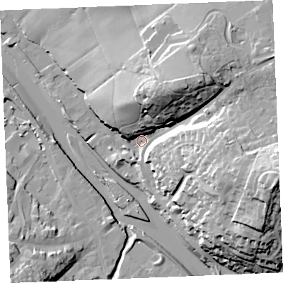 Shaded relief map of the ground around PL276DE, computed from Environment Agency LiDAR. The ground here sits at about 5 m above sea level and falls 43 m across the surrounding 800 m. Surface water reaching this point runs off ground lying to the east-south-east, 36.3 m higher.