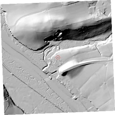 Shaded relief map of the ground around PL276EB, computed from Environment Agency LiDAR. The ground here sits at about 8 m above sea level and falls 49 m across the surrounding 800 m. Surface water reaching this point runs off ground lying to the east-north-east, 5.9 m higher.