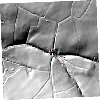 Shaded relief map of the ground around PL276EN, computed from Environment Agency LiDAR. The ground here sits at about 29 m above sea level and falls 41 m across the surrounding 800 m. Surface water reaching this point runs off ground lying to the east-north-east, 14.8 m higher.