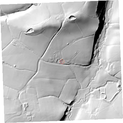 Shaded relief map of the ground around PL276EP, computed from Environment Agency LiDAR. The ground here sits at about 27 m above sea level and falls 55 m across the surrounding 800 m. Surface water reaching this point runs off ground lying to the north, 34.2 m higher.