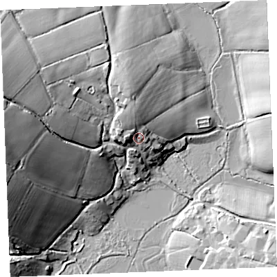 Shaded relief map of the ground around PL276EU, computed from Environment Agency LiDAR. The ground here sits at about 13 m above sea level and falls 29 m across the surrounding 800 m. Surface water reaching this point runs off ground lying to the north-north-west, 6.1 m higher.