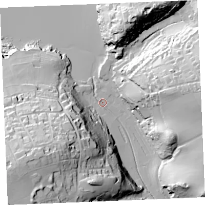 Shaded relief map of the ground around PL276FU, computed from Environment Agency LiDAR. The ground here sits at about 6 m above sea level and falls 68 m across the surrounding 800 m. Surface water reaching this point runs off ground lying to the south-west, 60.0 m higher.