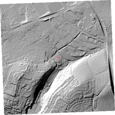 Shaded relief map of the ground around PL276HH, computed from Environment Agency LiDAR. The ground here sits at about 27 m above sea level and falls 57 m across the surrounding 800 m. Surface water reaching this point runs off ground lying to the north, 16.4 m higher.