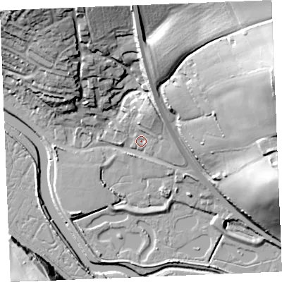 Shaded relief map of the ground around PL276HY, computed from Environment Agency LiDAR. The ground here sits at about 9 m above sea level and falls 54 m across the surrounding 800 m. Surface water reaching this point runs off ground lying to the north-north-east, 11.9 m higher.