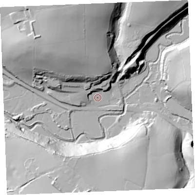 Shaded relief map of the ground around PL276JA, computed from Environment Agency LiDAR. The ground here sits at about 6 m above sea level and falls 50 m across the surrounding 800 m. Surface water reaching this point runs off ground lying to the north-north-west, 32.4 m higher.