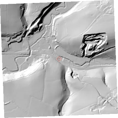 Shaded relief map of the ground around PL276JB, computed from Environment Agency LiDAR. The ground here sits at about 5 m above sea level and falls 54 m across the surrounding 800 m. Surface water reaching this point runs off ground lying to the south-east, 52.4 m higher.
