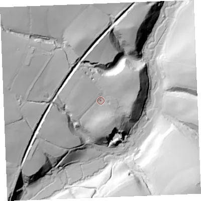 Shaded relief map of the ground around PL276JQ, computed from Environment Agency LiDAR. The ground here sits at about 34 m above sea level and falls 62 m across the surrounding 800 m. Surface water reaching this point runs off ground lying to the north-west, 9.3 m higher.