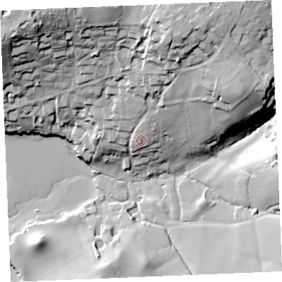 Shaded relief map of the ground around PL276JX, computed from Environment Agency LiDAR. The ground here sits at about 20 m above sea level and falls 53 m across the surrounding 800 m. Surface water reaching this point runs off ground lying to the north-north-east, 7.1 m higher.