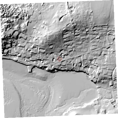 Shaded relief map of the ground around PL276LB, computed from Environment Agency LiDAR. The ground here sits at about 19 m above sea level and falls 56 m across the surrounding 800 m. Surface water reaching this point runs off ground lying to the north, 30.3 m higher.