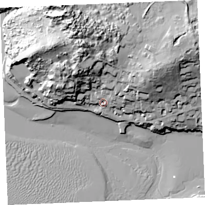 Shaded relief map of the ground around PL276LD, computed from Environment Agency LiDAR. The ground here sits at about 12 m above sea level and falls 56 m across the surrounding 800 m. Surface water reaching this point runs off ground lying to the north-east, 41.2 m higher.