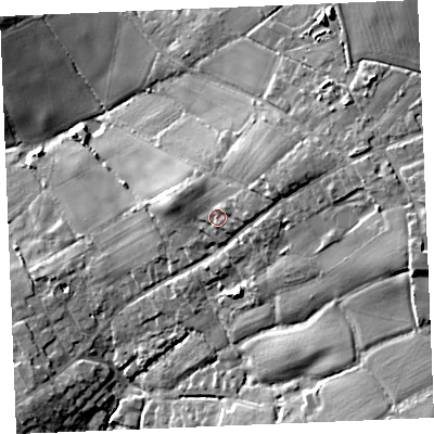 Shaded relief map of the ground around PL276QA, computed from Environment Agency LiDAR. The ground here sits at about 56 m above sea level and falls 25 m across the surrounding 800 m. Surface water reaching this point runs off ground lying to the east-north-east, 4.4 m higher.